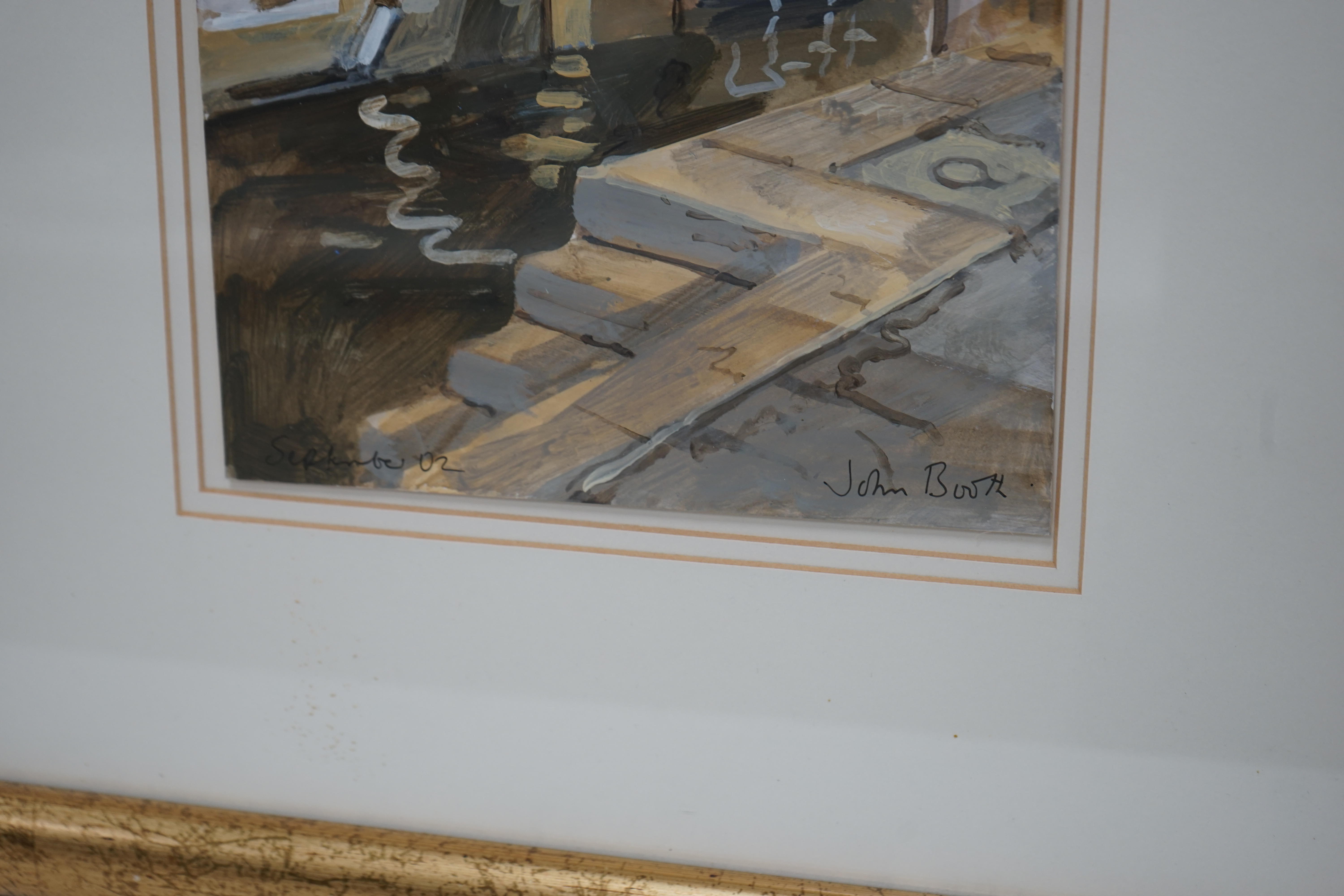 John Booth (b.1941), acrylic, Landscape with bridge over water, signed and dated September '02, details verso, 29 x 21cm. Condition - good